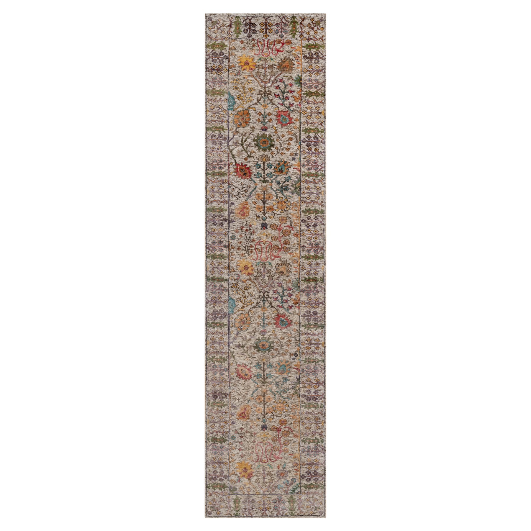 2'9"x11'10" Pearl White, Directional Vase Design, Silk with Textured Wool, Hand Knotted, Runner, Oriental Rug 